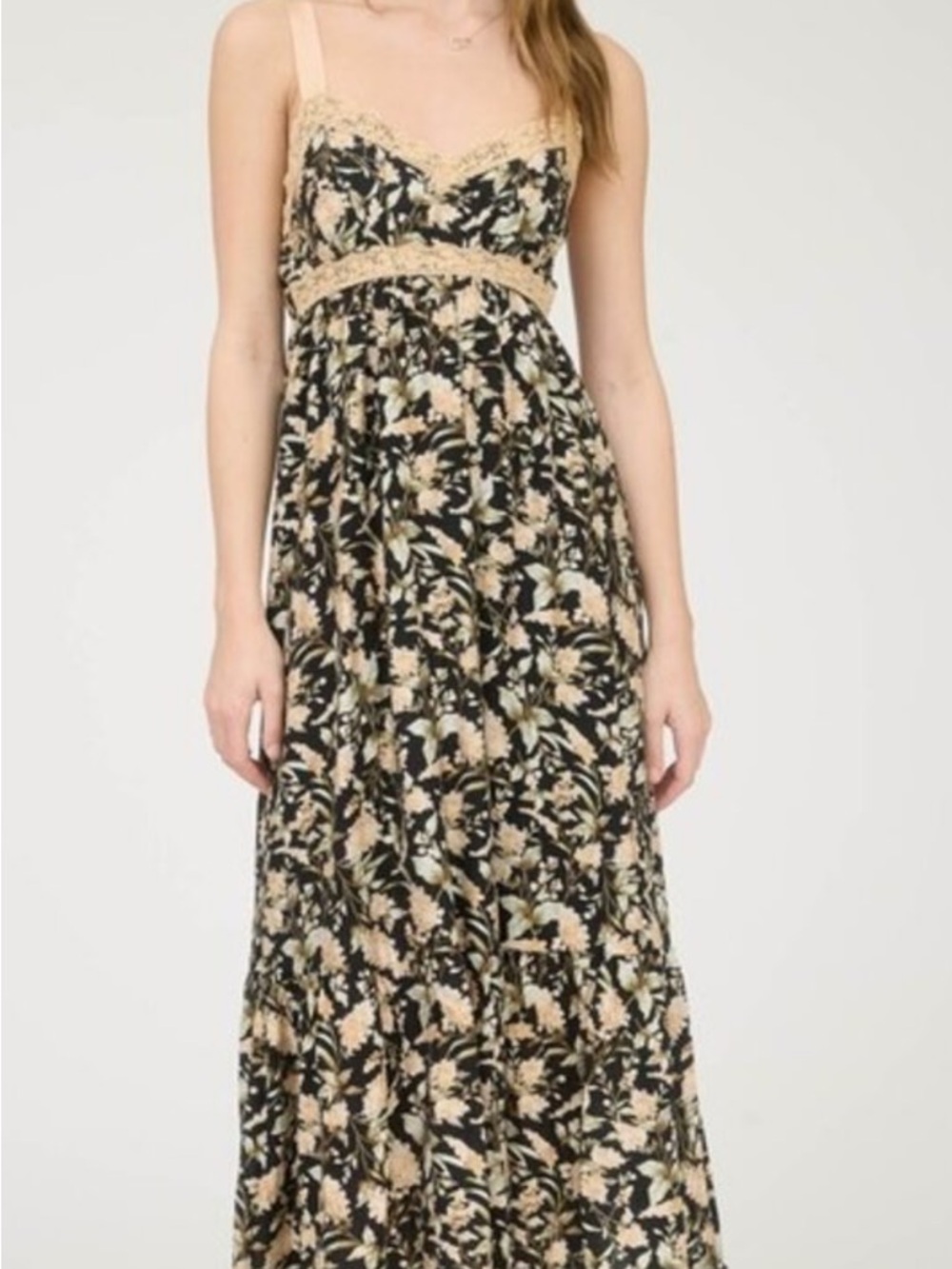 mine Black Maxi Dress with Beige Floral Lace Accents